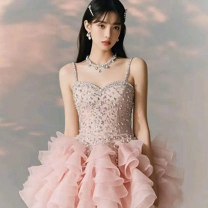 New Sleeveless Birthday Princess Party Dress for Sweet High Waist Slimming Aline Rufffle Puffy Strap Mini Dress for
