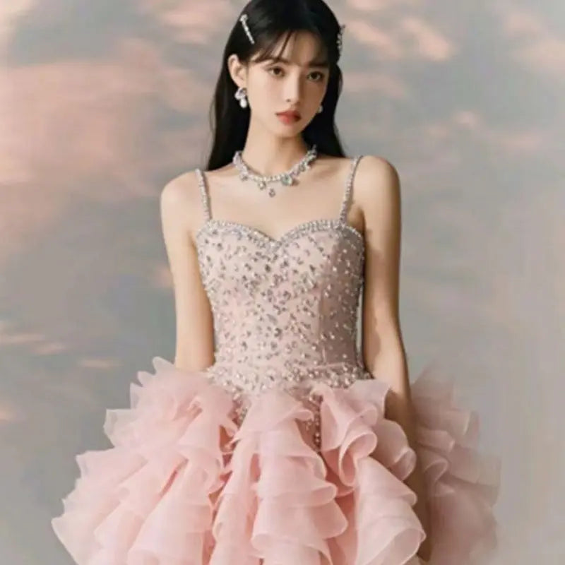 New Sleeveless Birthday Princess Party Dress for Sweet High Waist Slimming Aline Rufffle Puffy Strap Mini Dress for