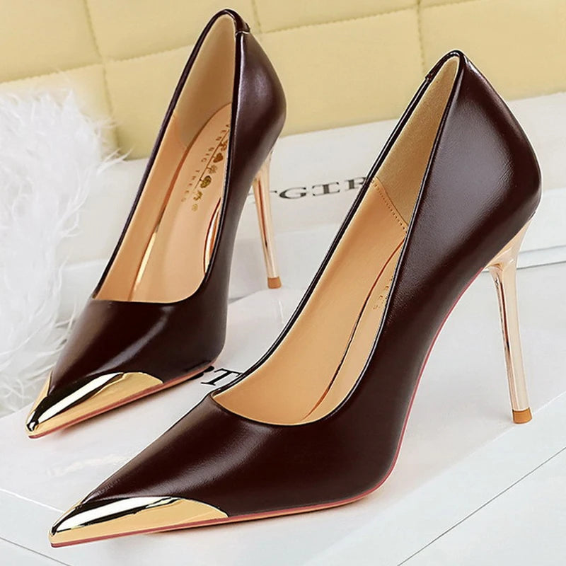 Shoes Retro High Heels Metal Pointed Tip Pumps Stiletto 9.5 Cm and 4.5cm Heels Party Shoes Office Shoes