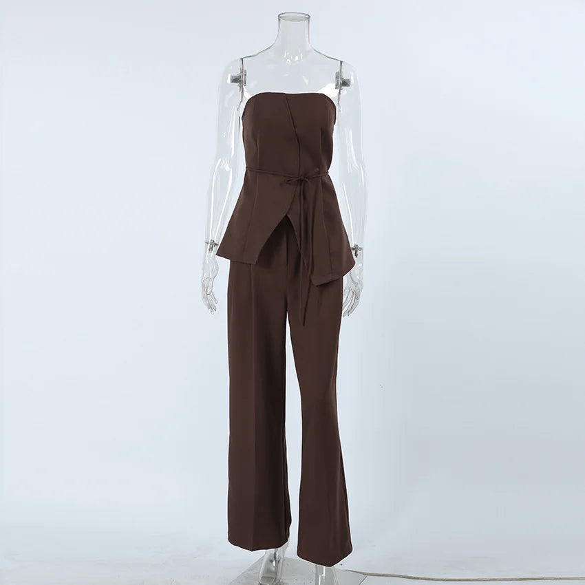 Pants Sets Summer Off Shoulder Lace-up Tube Top+wide Leg Trouser New Simple 2 Piece Set