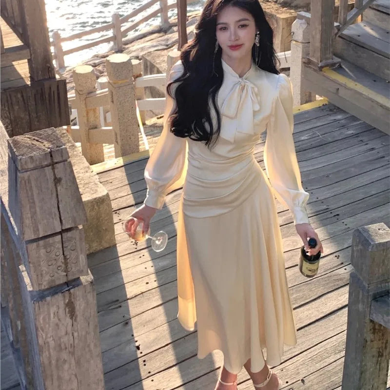 Stain Midi Dresses for Long Sleeve Oneck Bow Tie Aline Korean Vestidos Folded Design Party Prom New