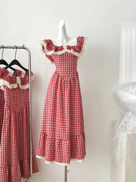 Sweet Gentle Dresses Waist Slimming Plaid Long Dress Vestidos Summer New French Design Slimming Skirt