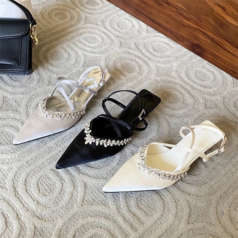 Spring Crystal Pointed Toe Narrow Band Woman Pumps Sandals Thin Low Heels Slingbacks Buckle Strap Female Shoes