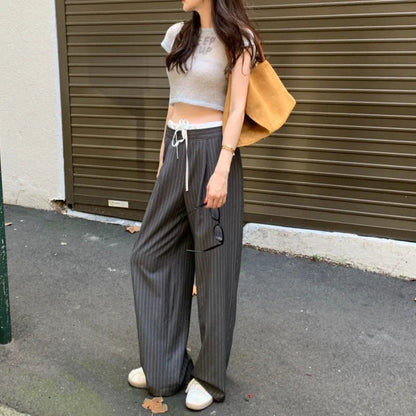 Korean Laceup Contrast Color Patchwork Pants Summer New High Waist Striped Loose All Match Straight Pants