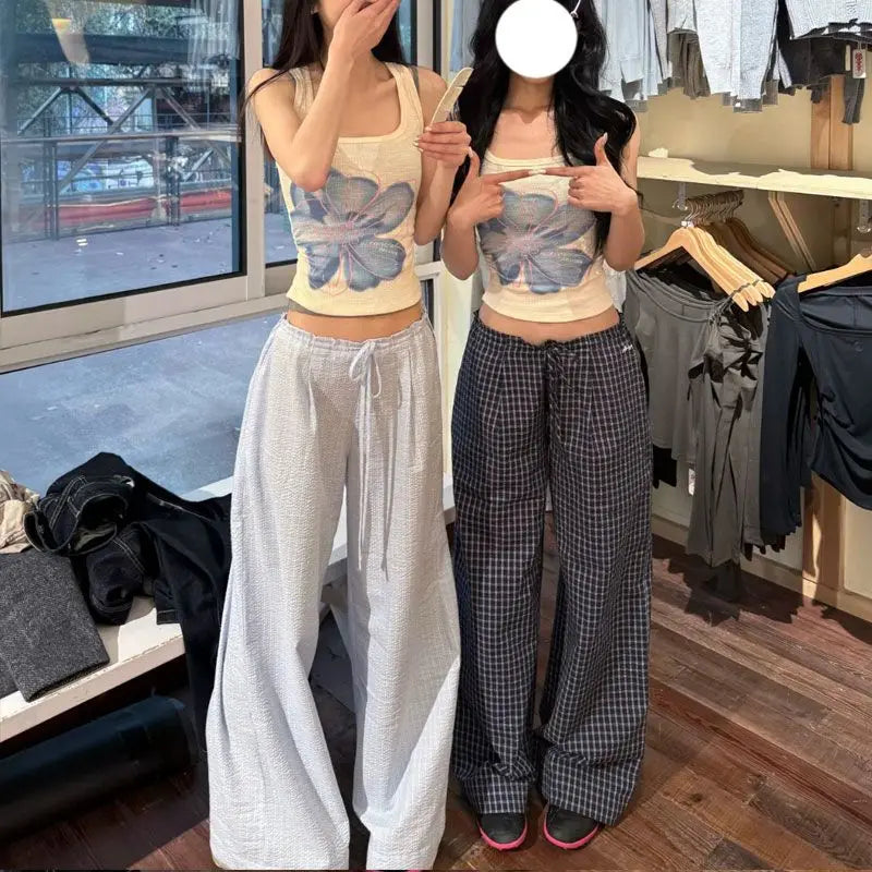 Summer Hot Retro American Lazy Style Straight Tube Loose Mid Low Waist Drawstring Plaid Pants