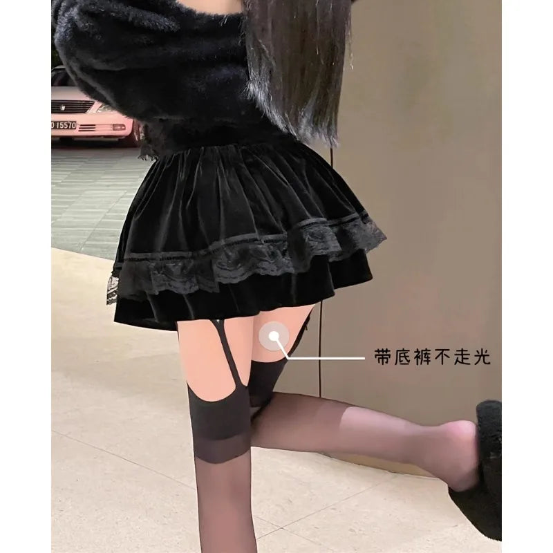 Korean Retro Japanese Style Lace Patchwork Low Waist Cake Mini Skirt Skirt