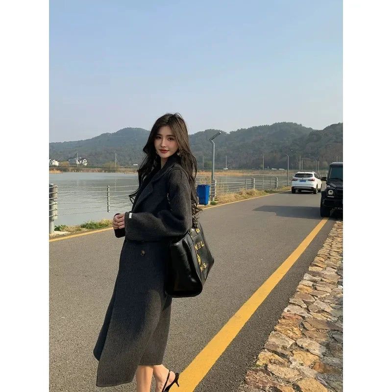 New Wool Blend Coat Mid Long Woolen Blazer Thick Warm Blouse Overcoat Office Lady Tops Autumn Winter