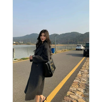 New Wool Blend Coat Mid Long Woolen Blazer Thick Warm Blouse Overcoat Office Lady Tops Autumn Winter