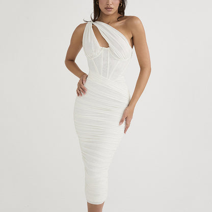 Mesh One Shoulder Backless Midi Dress for Hollow Out Sleeveless Ruched Long Dress Vestido