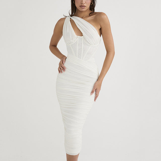 Mesh One Shoulder Backless Midi Dress for Hollow Out Sleeveless Ruched Long Dress Vestido