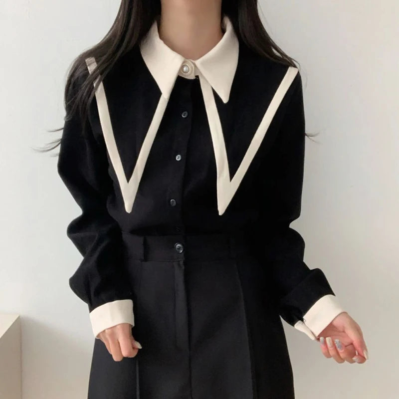 Shirts Korean Patchwork Black Long Sleeve Blouses Office Red Chiffon Tops New