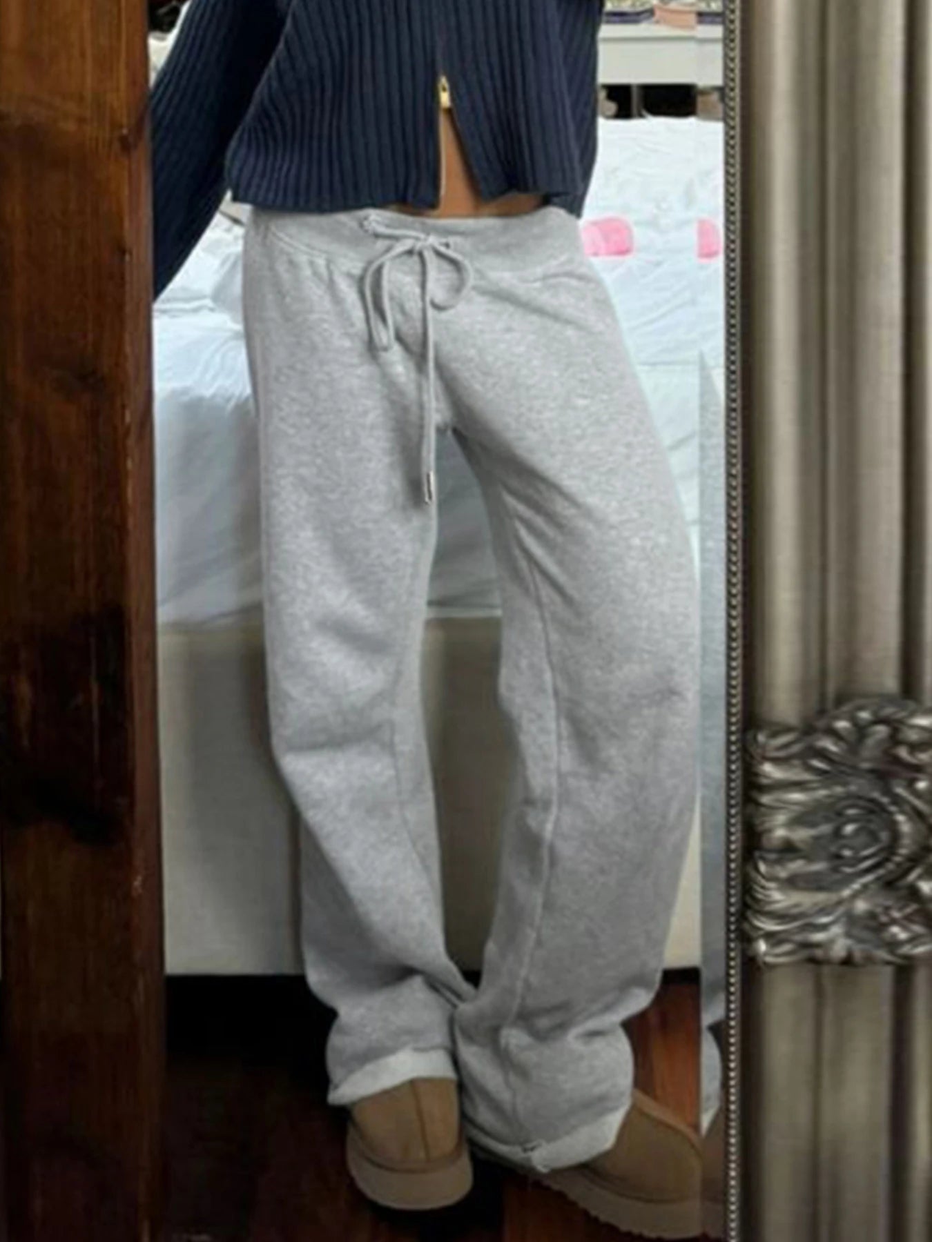 Pockets Drawstring High Waist Loose Sweatpants for Gray Basic Simple Straight Leg Pants Jogging Trousers