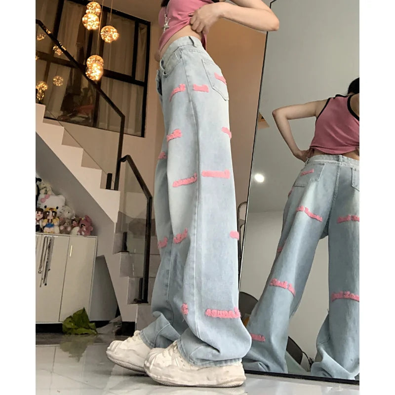 Letters Embroidery Loose Washed Jeans Summer New High Waist All Match Wide Leg Pants
