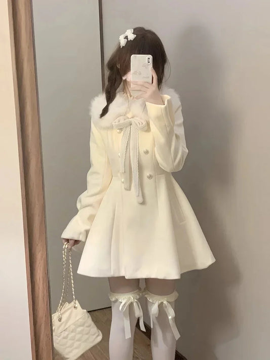 Sweet Hot Girl Fur Collar Slim Fit Woolen Coat Autumn Winter Preppy Style Doublebreasted Jacket Female Clothes