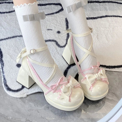Lolita Bow Bow Decor Pumps Platform Chunky High Heels Ankle Strap Sweet Pumps for Girl Shoes