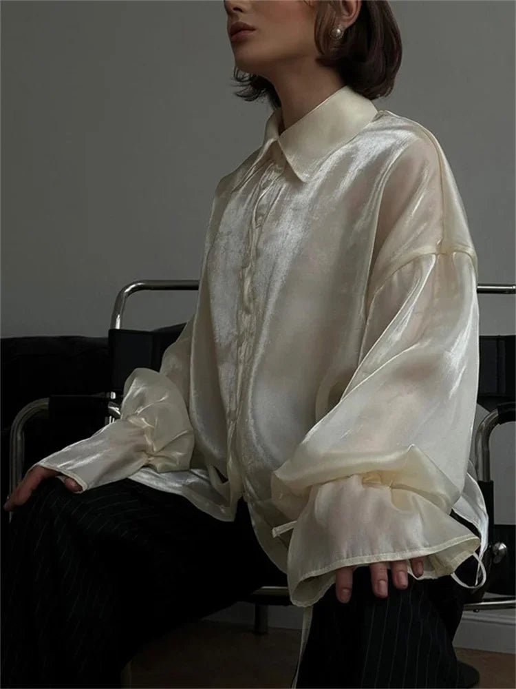 Loose See-through Shirts Coat Female Lapel Long Sleeve Lace-up Summer Outwear ’s Patchwork Blouse