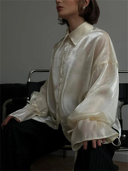 Loose See-through Shirts Coat Female Lapel Long Sleeve Lace-up Summer Outwear ’s Patchwork Blouse