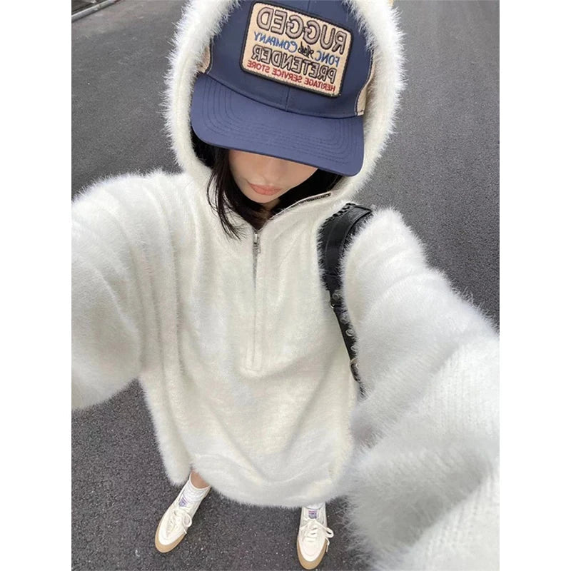 Mohair Hooded Sweater Oversized White Knitted Pullovers Korean Long Sleeve Knitwear Winter Zipper Jumpers