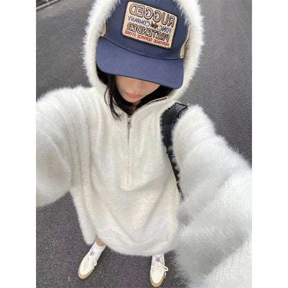 Mohair Hooded Sweater Oversized White Knitted Pullovers Korean Long Sleeve Knitwear Winter Zipper Jumpers