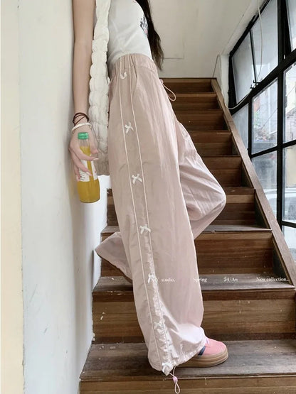 Pink Sweet Y2k Parachute Pants Korean Style Coquette Baggy Joggers Bow Harajuku Kawaii Wide Trousers