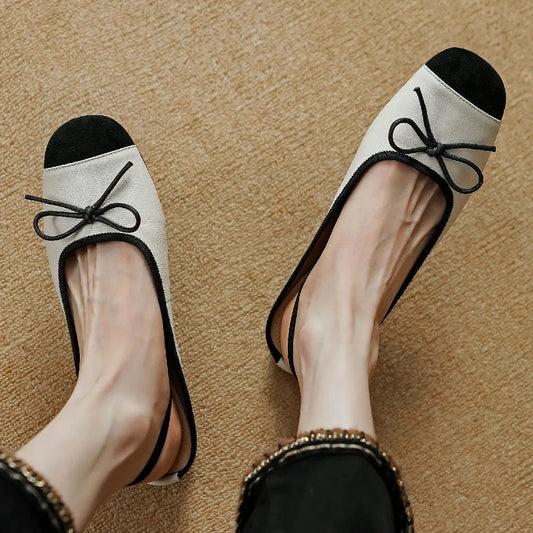 Genuine Leather Mix Color Pathcwork Round Toe Slipon Flats Summer Mules Leisure Soft Comfortable Shoes