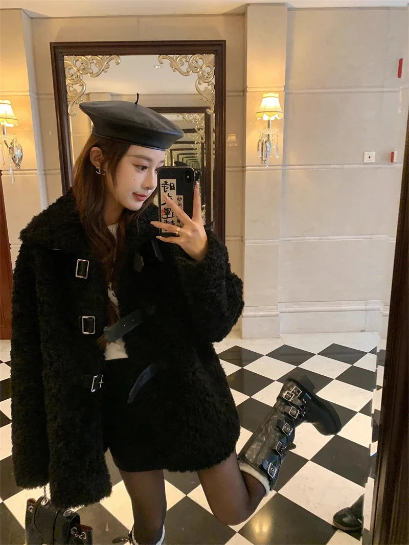 Sweet Hot Girl Stand Collar Belt Buckle Lamb Wool Coat Autumn/winter Doublesided Thick Jacket Female Clothes