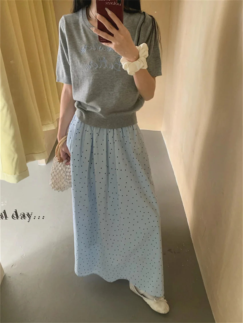 Sweet Long Skirts Polka Dots Loose Summer High Waist Knitted Sweaters Tees Gentle New Slim