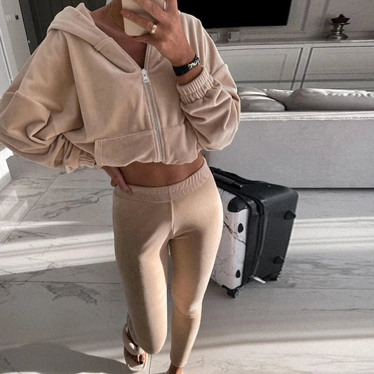 Fall Winter Soft Velvet Outfit Zipper Hooded Sweatshirt Coat+slim Pants Tracksuit Retro Long Sleeve Sports Suit Sets