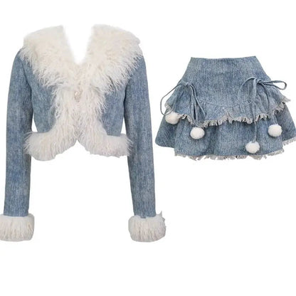 Sweet Hot Girl Suit Autumn/winter Denim Patchwork Furry Short Coat Aline Skirt Twopiece Set Female Clothes