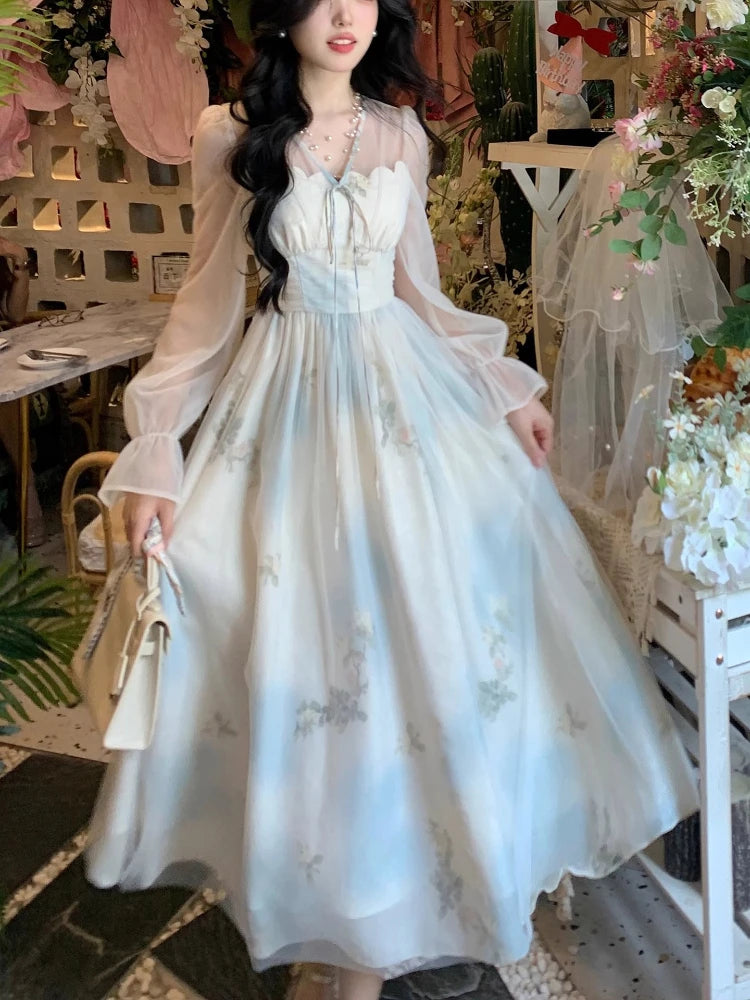V Neck Long Dress Spring Summer Aline French Style Dresses Sweet Aline Vestidos Mujer