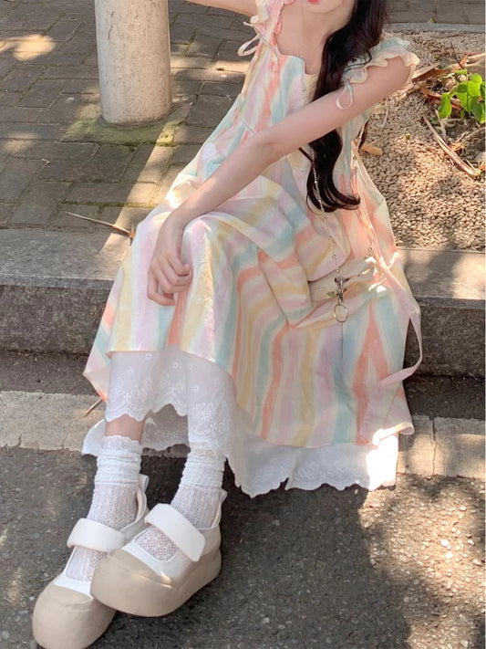 Japanese Kawaii Rainbow Midi Dress Slim Design Print Striped Sleeveless Camisole Dress Even Party Lolita Clothing