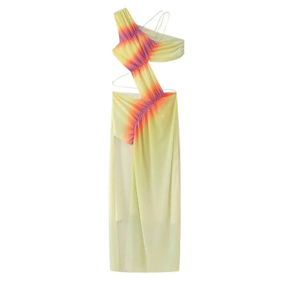 Summer Oneshoulder Cutout Gradient Maxi Dress Off Shoulder Sleeveless Dresses Female Beachwear Lace Robes