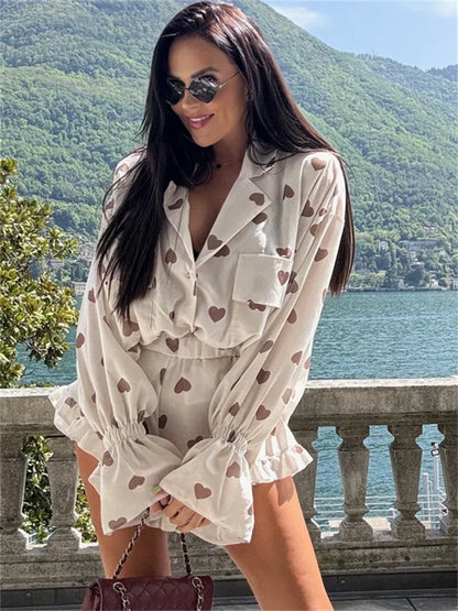 Autumn 2 Piece-set Shorts for Printed Pocket Shirts and High Waist Slim Shorts Sets Female Contrast Outfits