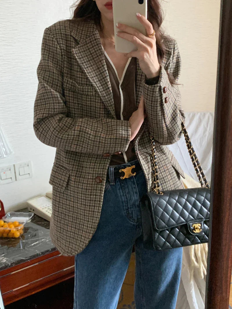 Wool Blends Coats Plaid Woolen Jacket Commute Blazer Korean Long Sleeve Outerwears Winter Overcoat