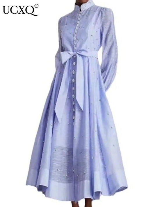 Long Dress British Style Beading Single Breasted Design Gentle Temperament Dresses Spring Autumn