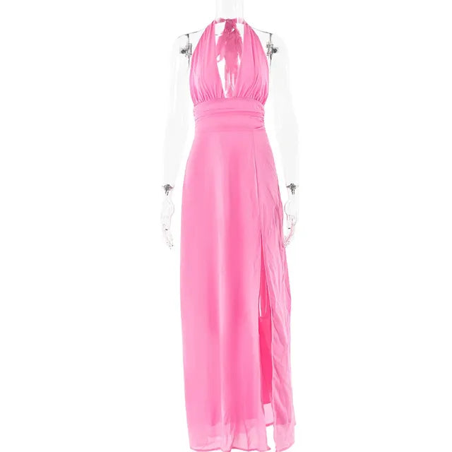 Halterneck V-neck Backless Dresses Party High Waist Slit Sleeveless Long Dress Lace-up Evening Dress
