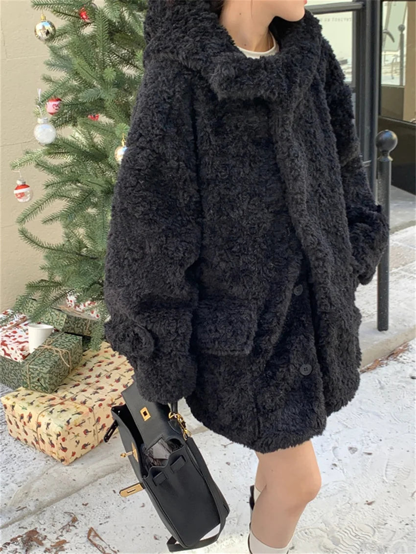 Winter Loose Lamb Wool Coats Gentle Thicken Office Lady All Match Hooded Warm Daily