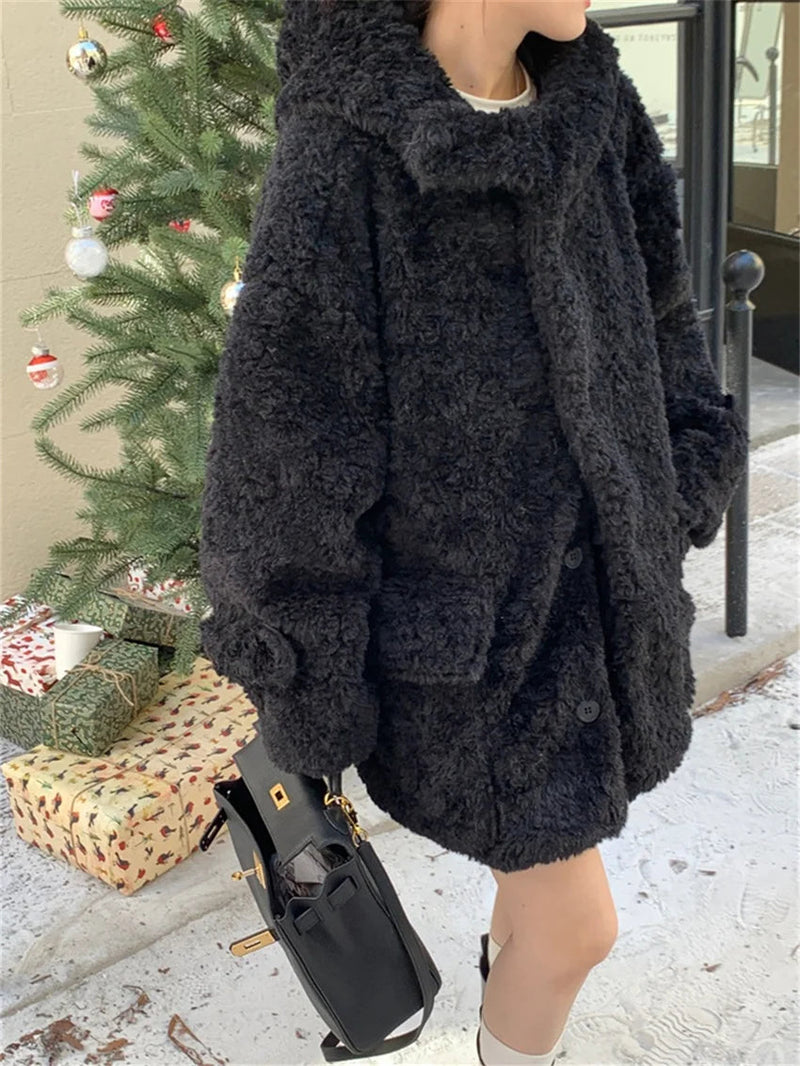 Winter Loose Lamb Wool Coats Gentle Thicken Office Lady All Match Hooded Warm Daily