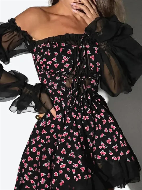 Printed Off-shoulder Mini Dress ’s Ruffled See-through Long Sleeve Bandage Patchwork Dress Female Clothes New