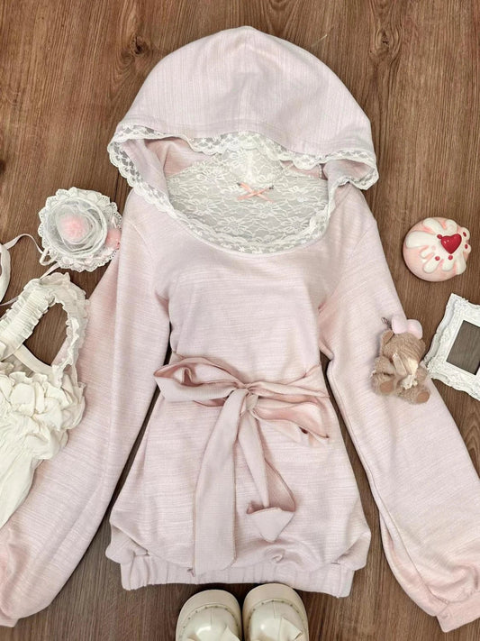 Kawaii Pink Mini Dress With Hooded Lace Japanese Short Party Dress Female One Piece Dress Koreean Autumn
