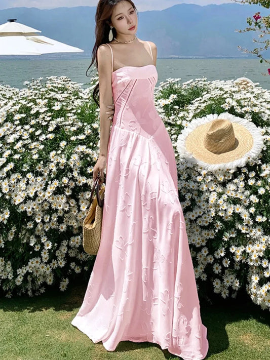 Sweet Pink Long Dresses Spaghetti Strap Laceup Princess Evening Party Dress Summer Holiday Aline Vestidos Robe