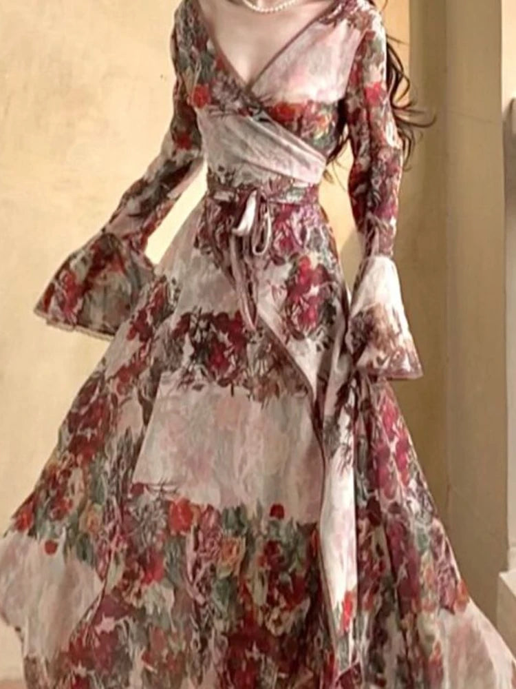 French Flower Print Midi Dress Female Retro Slim Design Long Sleeve Clothing Evening Party Dress Y2k Korean Summer