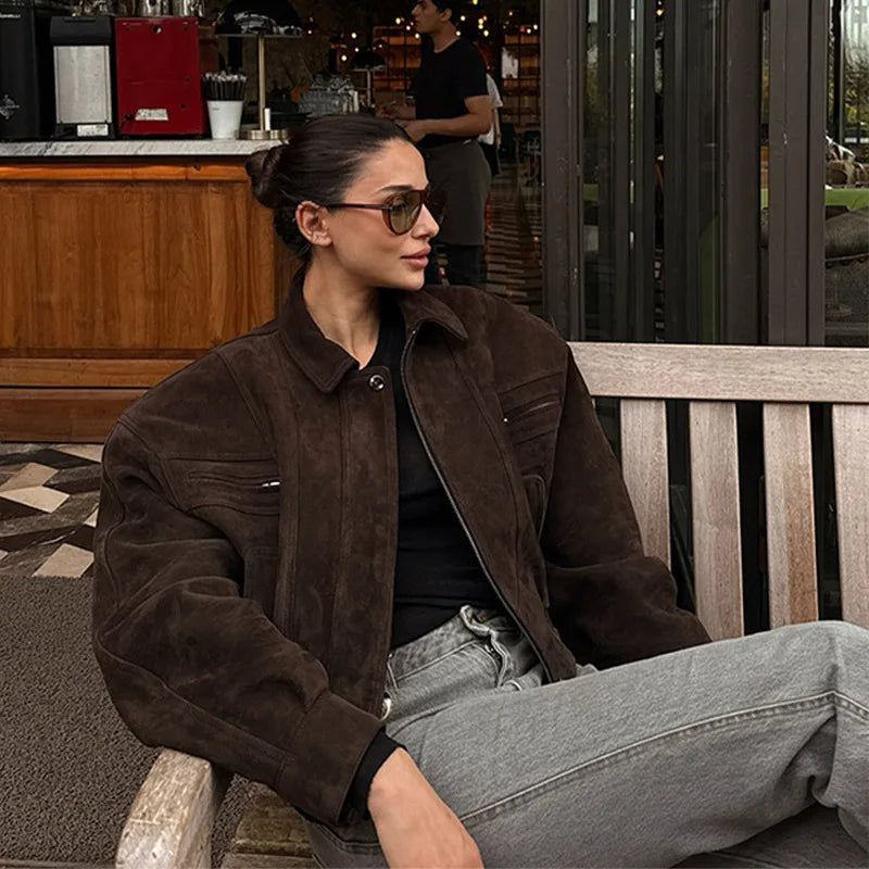 Camel Cropped Suede Jacket Lapel Full Sleeve Pocket Zipper Short Coat New Causal Autumn Lady Daily