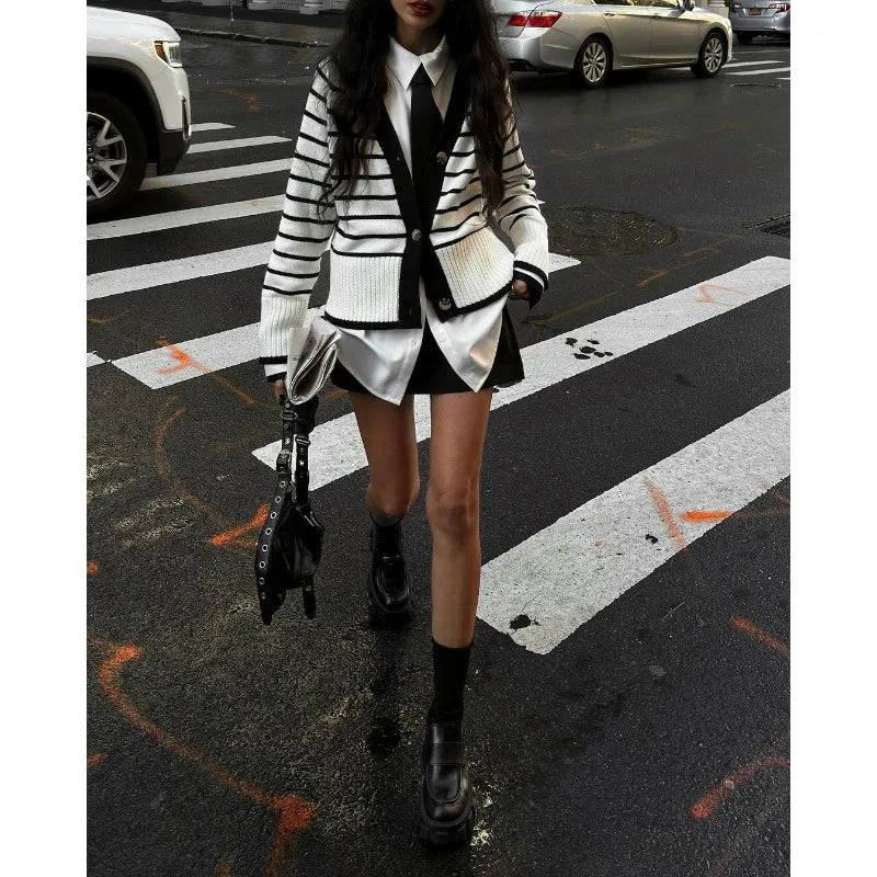 European and American Autumn and Winter New Versatile V-neck Striped Knitted Cardigan Sweater Striped Jacket