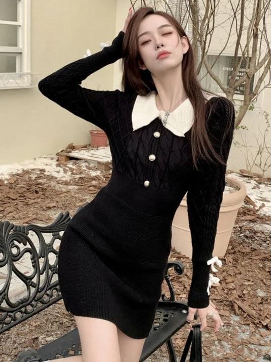 Y2k Sweet Sweater Knitted Dress for Long Sleeves Slim Party Mini Dress Female One Piece Prom Vestidos New Clothes