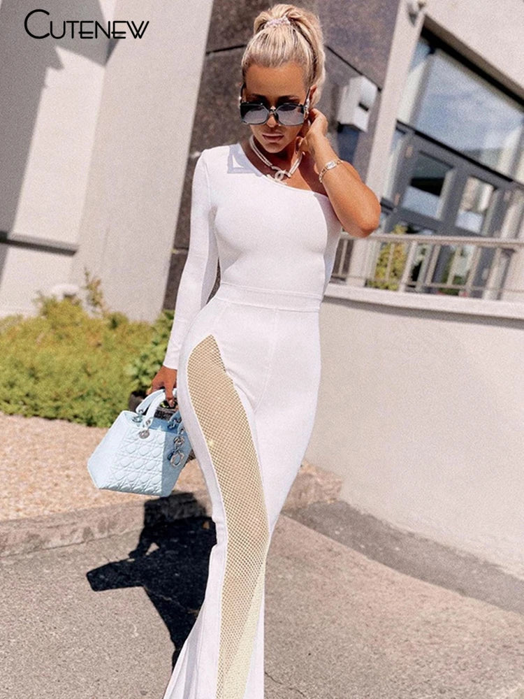 Mesh Patchwork One Shoulder Playsuits Skinny Flare Pants Jumpsuit Lady Party