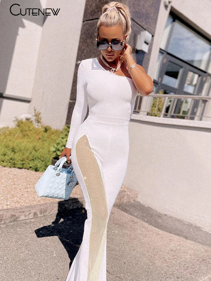 Mesh Patchwork One Shoulder Playsuits Skinny Flare Pants Jumpsuit Lady Party