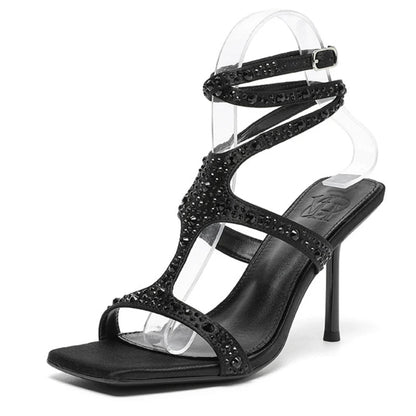 Rhinestones Thin High Heels Ankle Strap Party Dress Shoes Open Toe Shiny Designer Brand Sandals