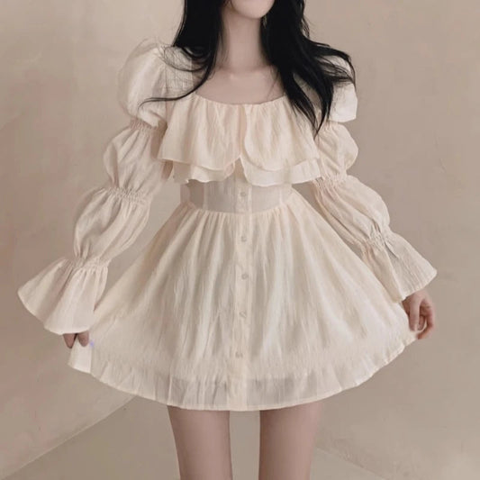 Dresses Puff Sleeve Ruffles Square Neck Spring Autumn Vestidos Mujer Korean Aline Mini Dress