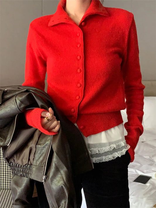 Red Sweaters Knitted Loose Daily All Match Autumn Cardigans New Gentle Sweet